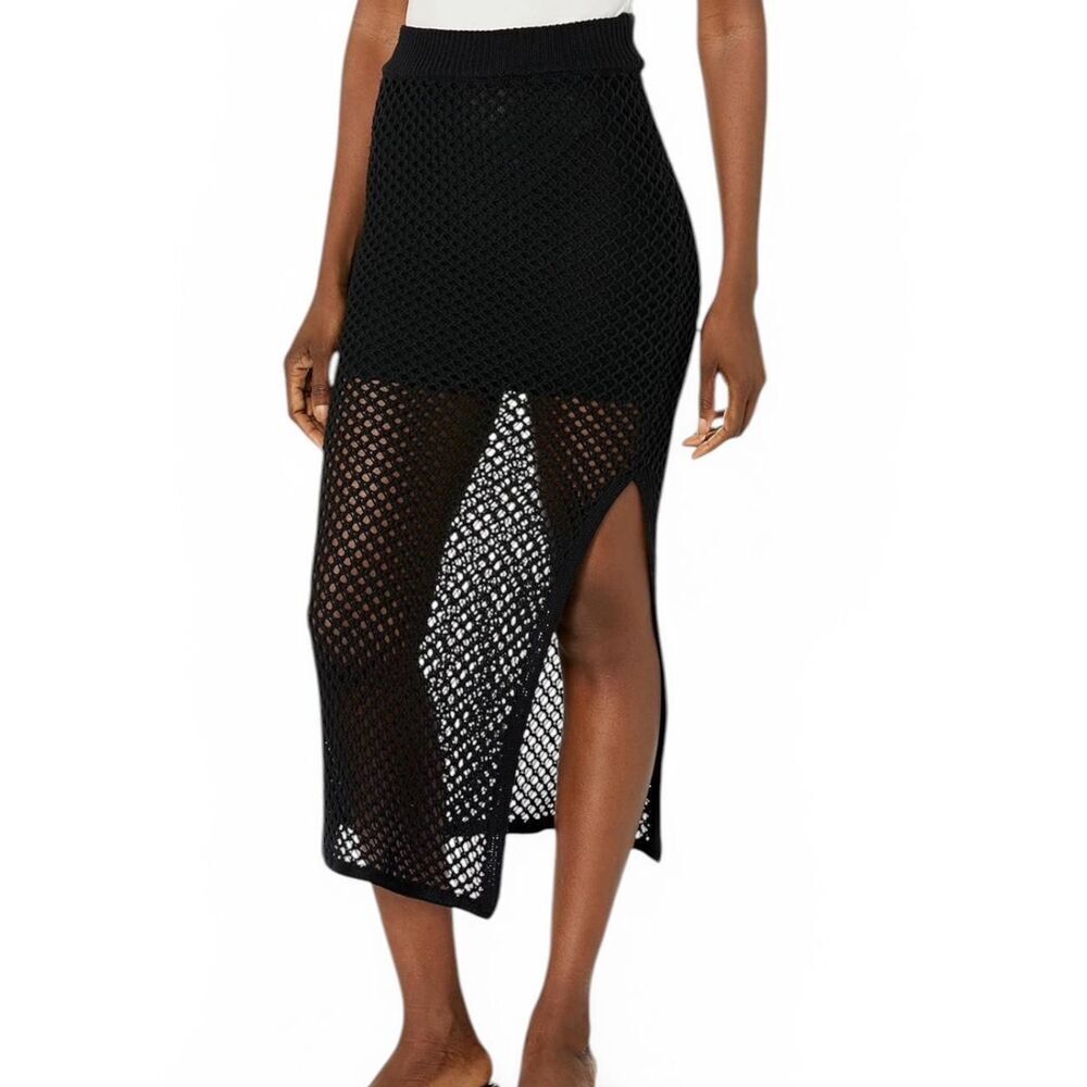NWT ASTR The Label Carlina Crochet Skirt Black Sheer Midi Slit Resort Large